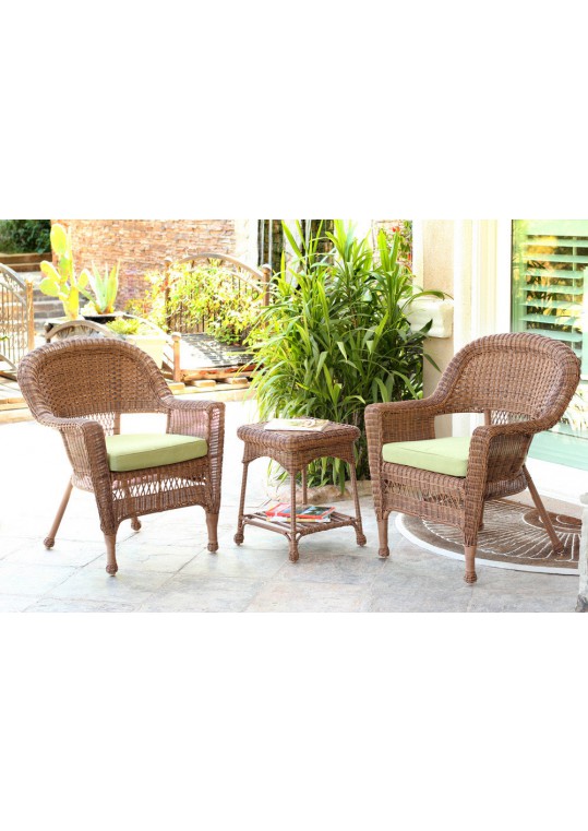Honey Wicker Chair And End Table Set With Sage Green Chair Cushion
