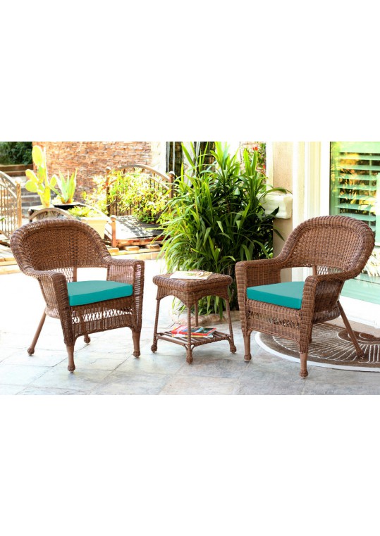 Honey Wicker Chair And End Table Set With Turquoise Chair Cushion