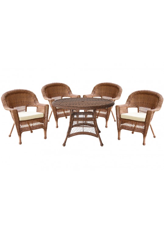 5pc Honey Wicker Dining Set - Ivory Cushions