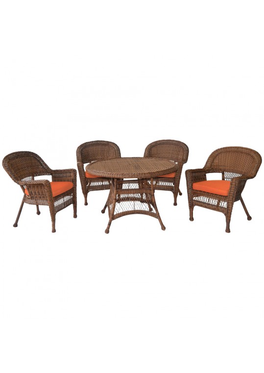 5pc Honey Wicker Dining Set - Orange Cushions