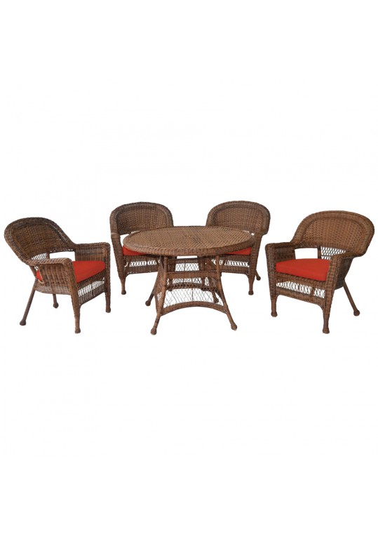 5pc Honey Wicker Dining Set - Brick Red Cushions