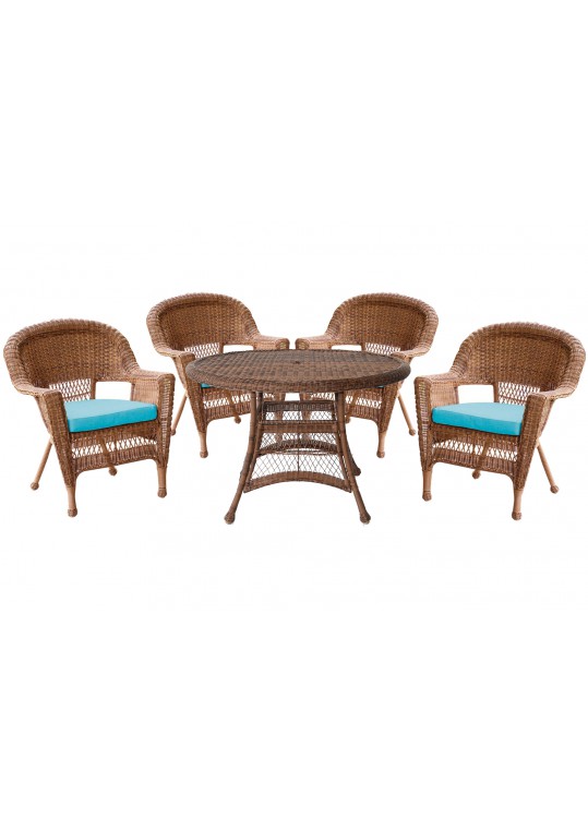 5pc Honey Wicker Dining Set - Sky Blue Cushions