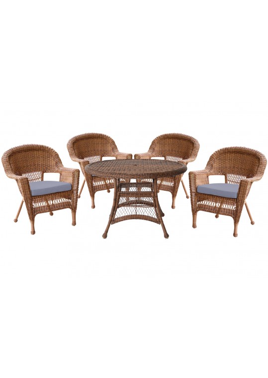 5pc Honey Wicker Dining Set - Steel Blue Cushions