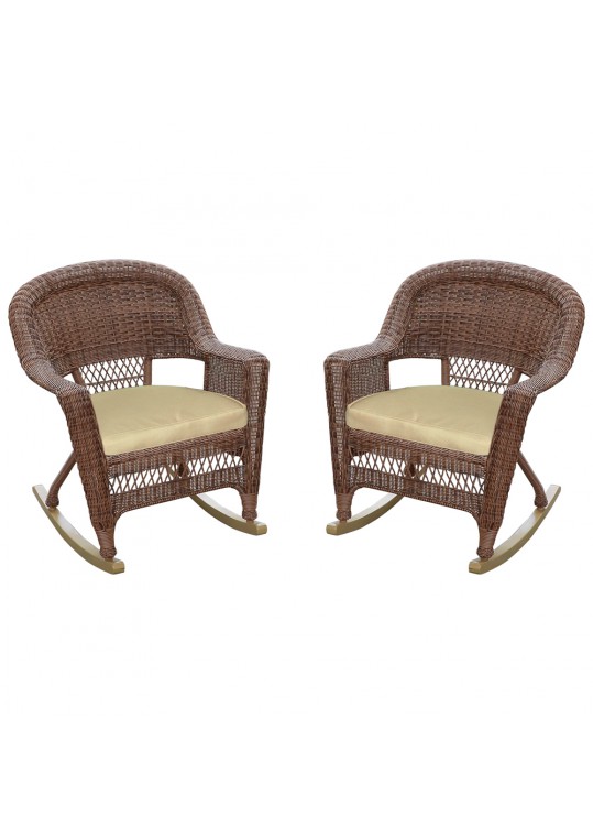 Honey Rocker Wicker Chair with Tan Cushion -  Set of 2