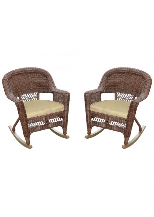 Honey Rocker Wicker Chair with Tan Cushion -  Set of 2