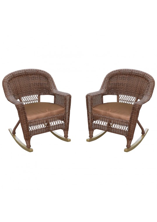 Honey Rocker Wicker Chair with Brown Cushion -  Set of 2