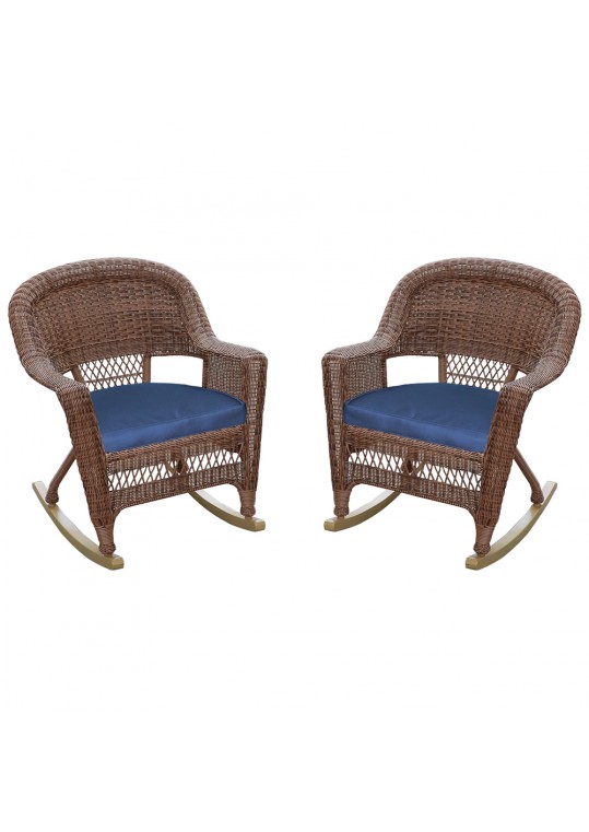 Honey Rocker Wicker Chair with Midnight Blue Cushion -  Set of 2