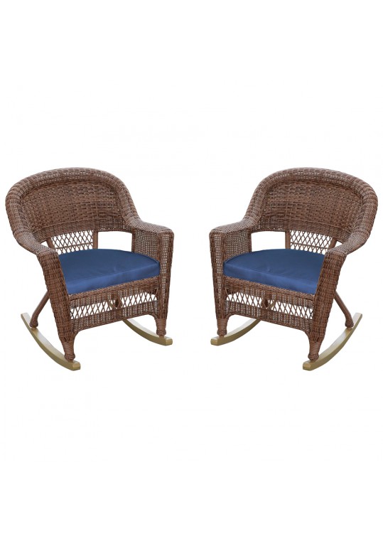 Honey Rocker Wicker Chair with Midnight Blue Cushion -  Set of 2