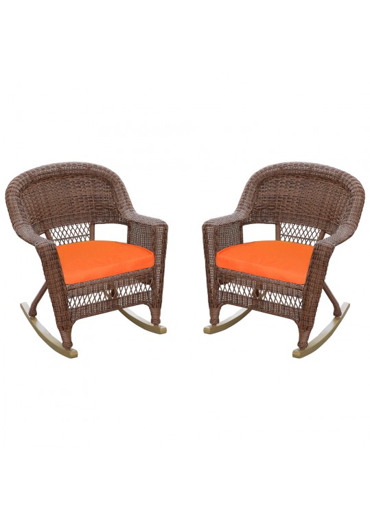 Honey Rocker Wicker Chair with Orange Cushion -  Set of 2