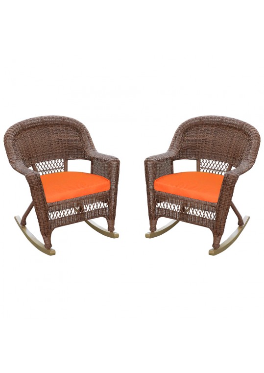 Honey Rocker Wicker Chair with Orange Cushion -  Set of 2