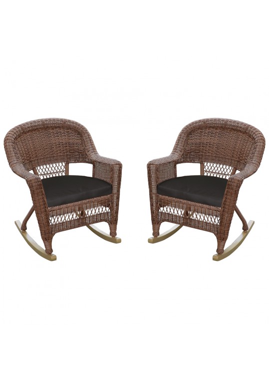 Honey Rocker Wicker Chair with Black Cushion -  Set of 2