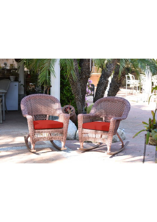 Honey Rocker Wicker Chair with Brick Red Cushion -  Set of 2