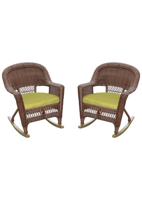 Honey Rocker Wicker Chair with Sage Green Cushion -  Set of 2
