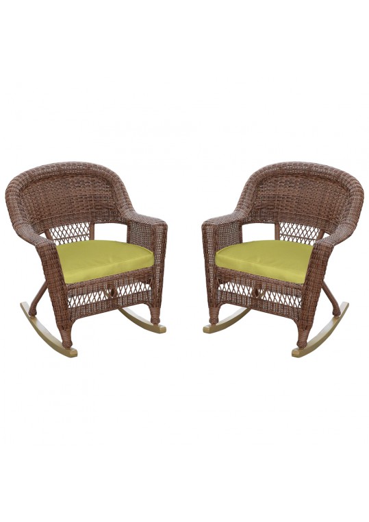 Honey Rocker Wicker Chair with Sage Green Cushion -  Set of 2