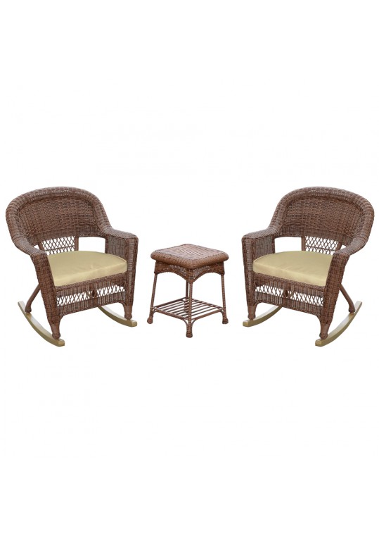 3pc Honey Rocker Wicker Chair Set With Tan Cushion