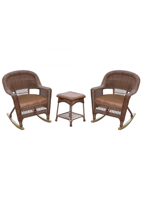 3pc Honey Rocker Wicker Chair Set With Brown Cushion