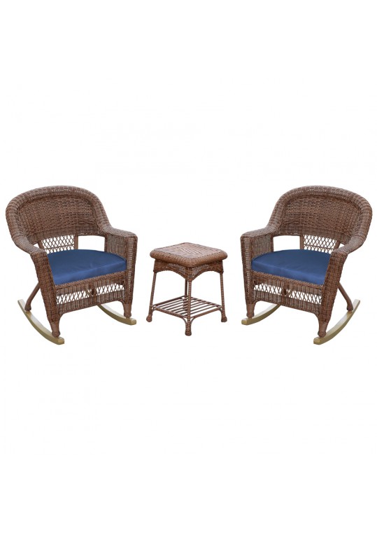 3pc Honey Rocker Wicker Chair Set With Midnight Blue Cushion