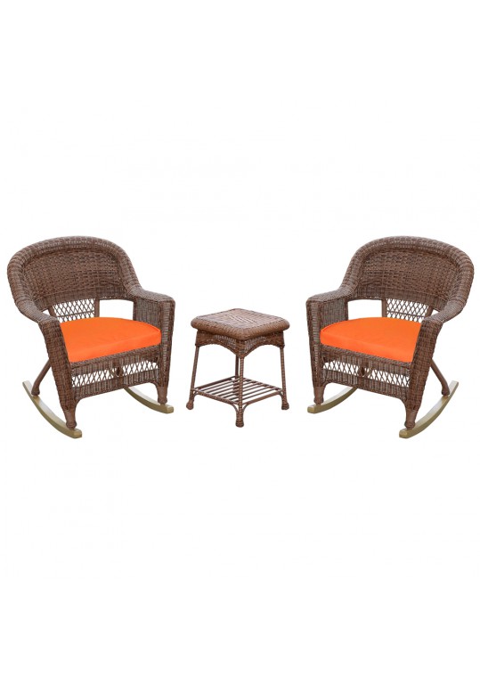 3pc Honey Rocker Wicker Chair Set With Orange Cushion