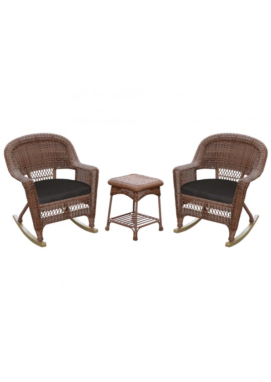 3pc Honey Rocker Wicker Chair Set With Black Cushion