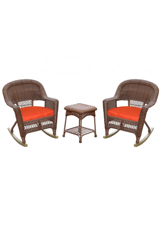 3pc Honey Rocker Wicker Chair Set With Brick Red Cushion