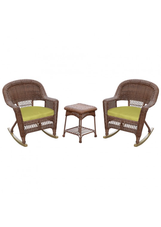 3pc Honey Rocker Wicker Chair Set With Sage Green Cushion