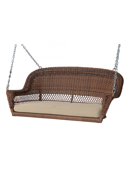 Honey Resin Wicker Porch Swing with Tan Cushion