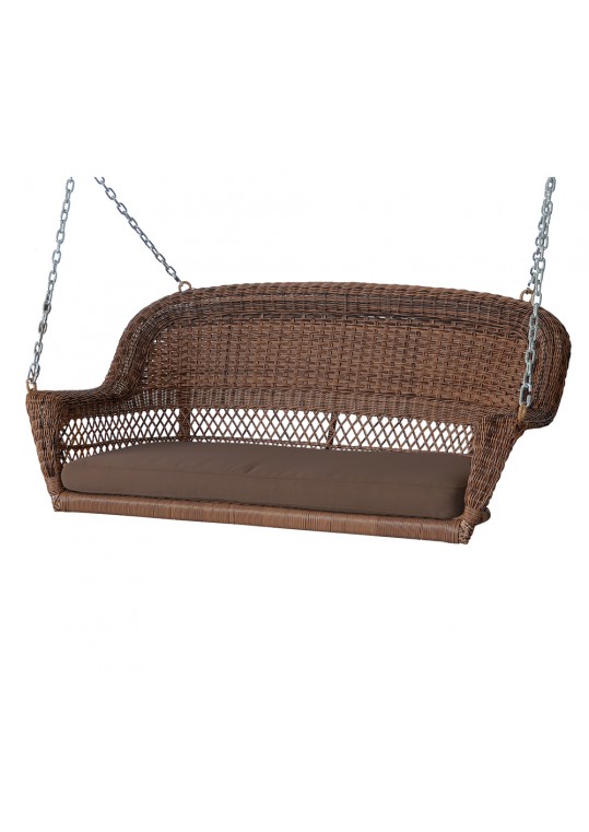 Honey Resin Wicker Porch Swing with Brown Cushion