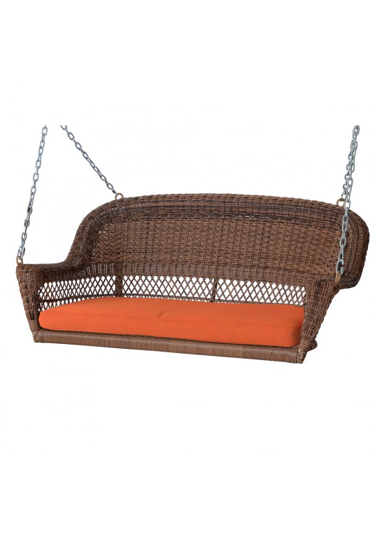 Honey Resin Wicker Porch Swing with Orange Cushion