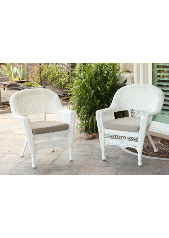 White Wicker Chair With Tan Cushion - Set of 4