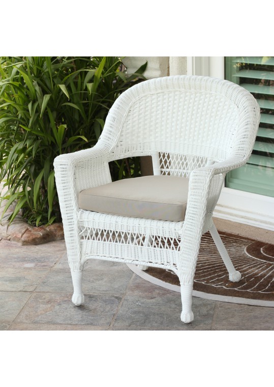 White Wicker Chair With Tan Cushion
