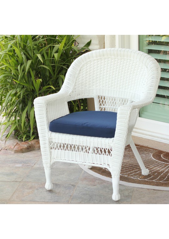 White Wicker Chair With Midnight Blue Cushion
