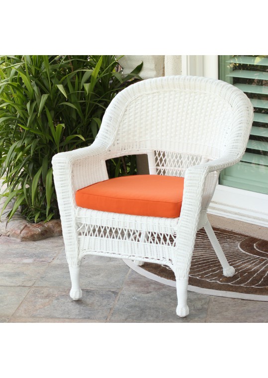 White Wicker Chair With Orange Cushion