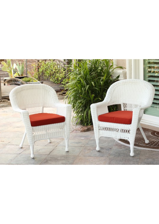 White Wicker Chair With Brick Red Cushion - Set of 4