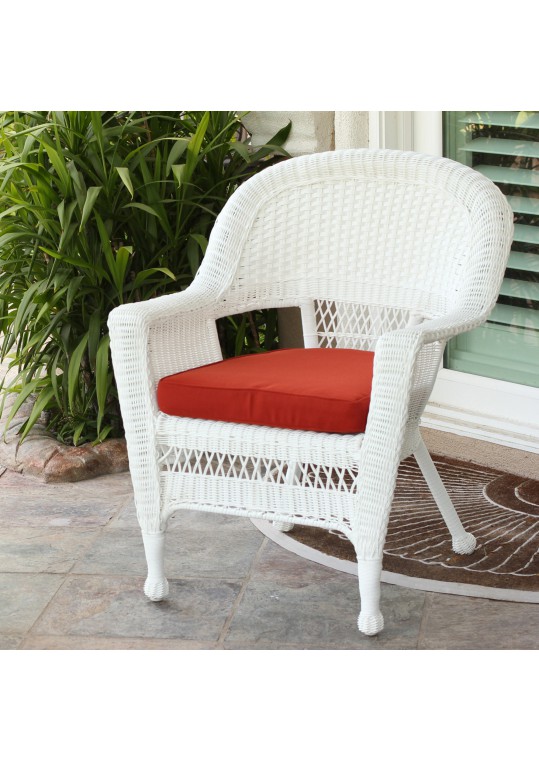 White Wicker Chair With Brick Red Cushion