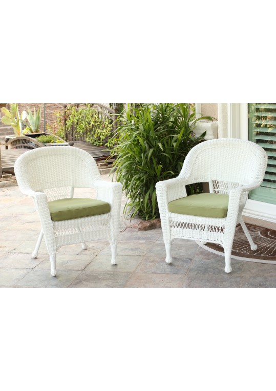 Wicker Chair With Sage Green Cushion - Set of 4