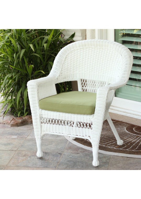 White Wicker Chair With Sage Green Cushion