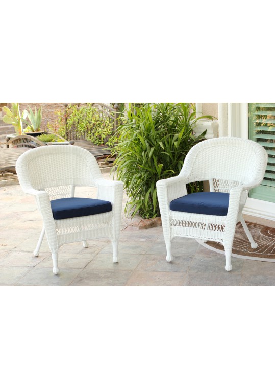 White Wicker Chair With Midnight Blue Cushion - Set of 2