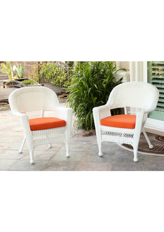 White Wicker Chair With Orange Cushion - Set of 2