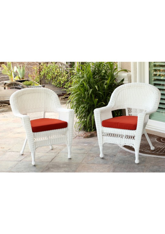 White Wicker Chair With Brick Red Cushion - Set of 2