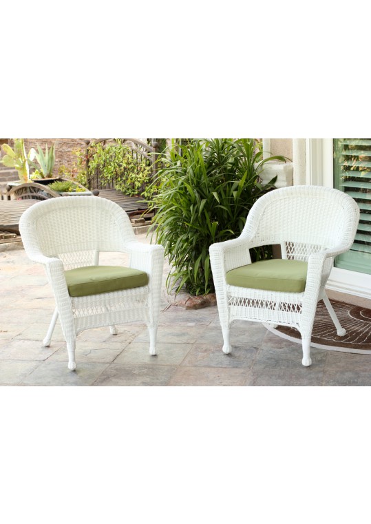 White Wicker Chair With Sage Green Cushion - Set of 2