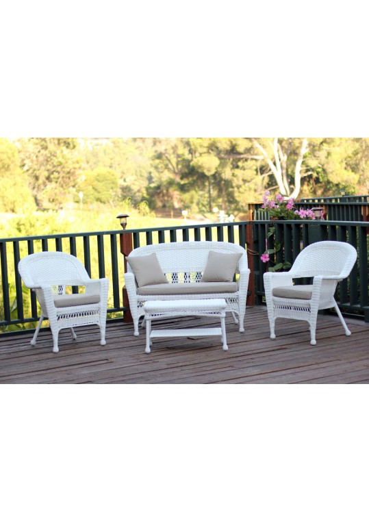 4pc White Wicker Conversation Set - Tan Cushions