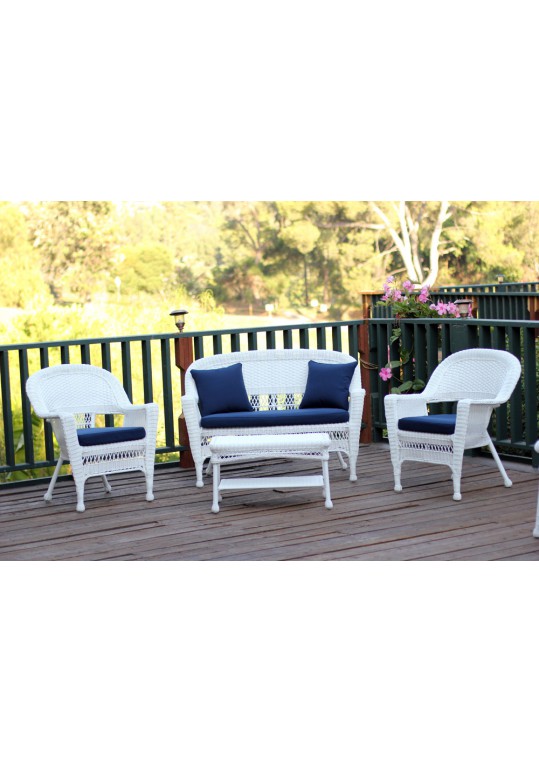 4pc White Wicker Conversation Set - Midnight Blue Cushions