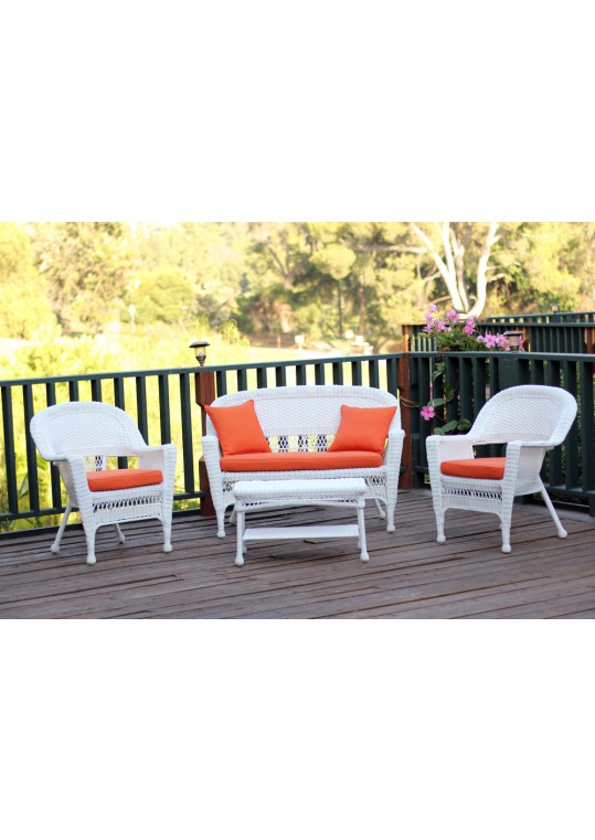 4pc White Wicker Conversation Set - Orange Cushions