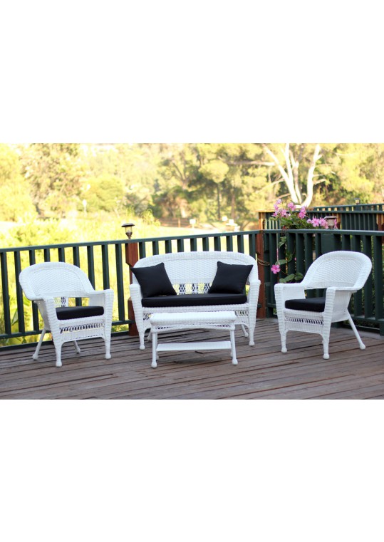 4pc White Wicker Conversation Set - Black Cushions