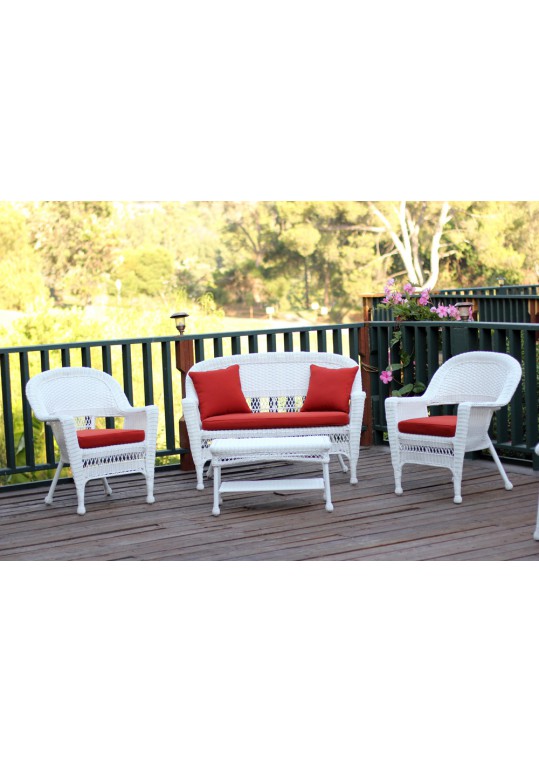 4pc White Wicker Conversation Set - Brick Red Cushions