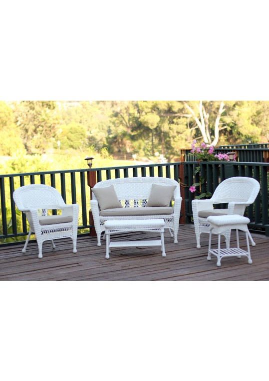 5pc White Wicker Conversation Set - Tan Cushions