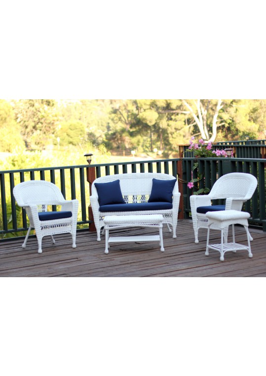 5pc White Wicker Conversation Set - Midnight Blue Cushions