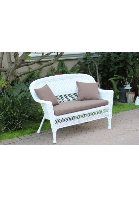 White Wicker Patio Love Seat With Brown Cushion and Pillows