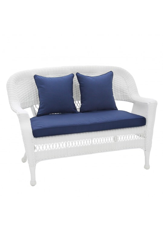 White Wicker Patio Love Seat With Midnight Blue Cushion and Pillows