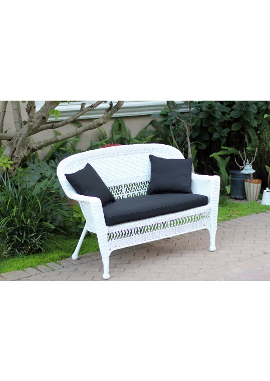 White Wicker Patio Love Seat With Black Cushion and Pillows